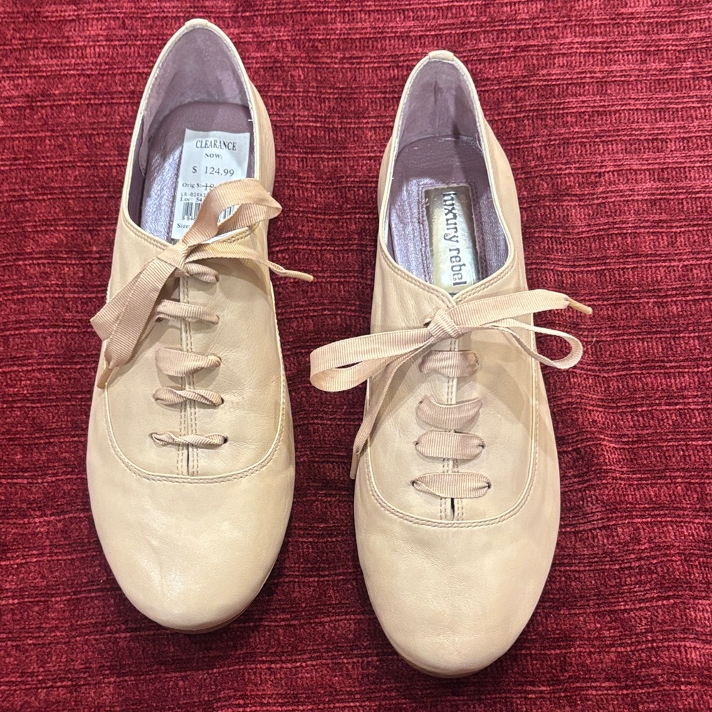 luxury rebel Nude Leather Ribbon Lace Oxford Flats